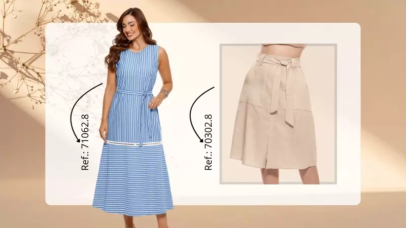 Mulher usando vestido azul longo de algodão e outra usando saia bege de linho, destacando modelagens fluidas e confortáveis, acabamentos naturais e sofisticados, em sintonia com as principais tendências para o verão 2026
