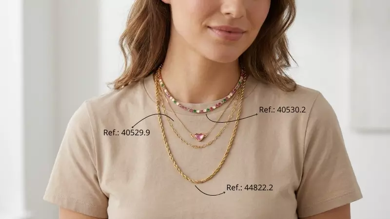 Mulher usando mix de colares dourados em diferentes comprimentos, incluindo choker colorida e colar com pingente de coração rosa, combinados sobre camiseta bege.