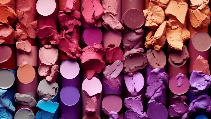 Diversos tons de batons em barras e quebrados, variando entre rosa, vermelho, laranja, roxo, lilás e azul 